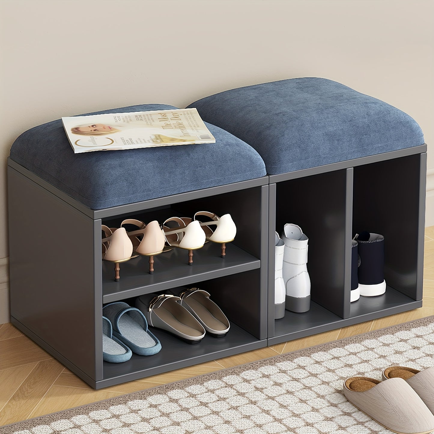 Schoenenbank – Schoenenkastje – Schoenenopberger – Schoenmeubel – Schoenenrek – Hout en Kunststof – Comfortabele Zitting – Compact & Ruimtebesparend - Grijsblauw