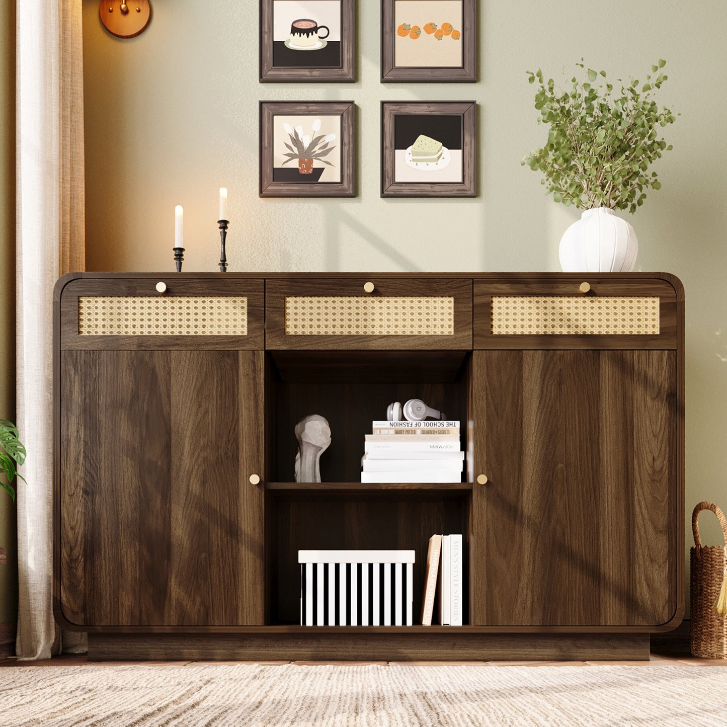 Dressoir – Sideboard – Opbergkast – Ladekast – Buffetkast – Notenhout Met Rattan Details – 120x40x85 Cm – Verstelbare Planken