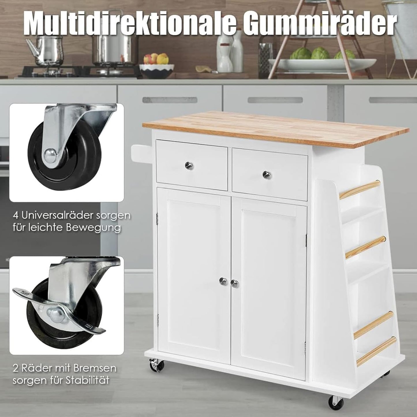 Keukenwagen – Keukentrolley – Keukenkar – Keukenmeubel – Keukenrek – Rubberen Houten Blad – Verstelbare Plank