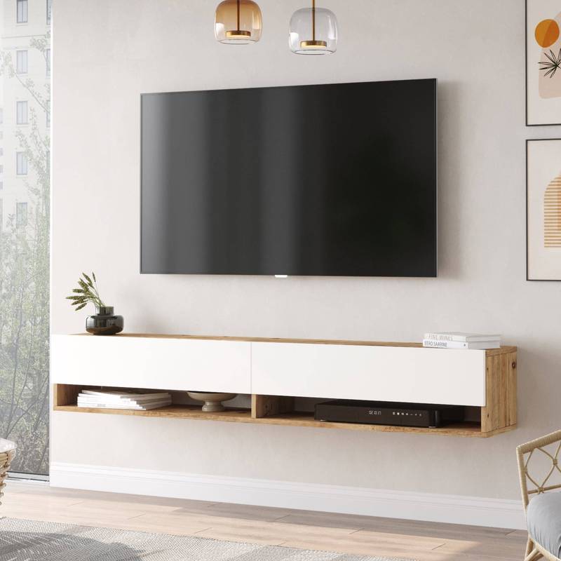tv meubel – tv kast – tv dressoir – tv tafel – media meubel – Zwevend Wandmeubel – Melamine Spaanplaat Rustiek Eiken Wit – 180 cm Breed – 2 Open Vakjes