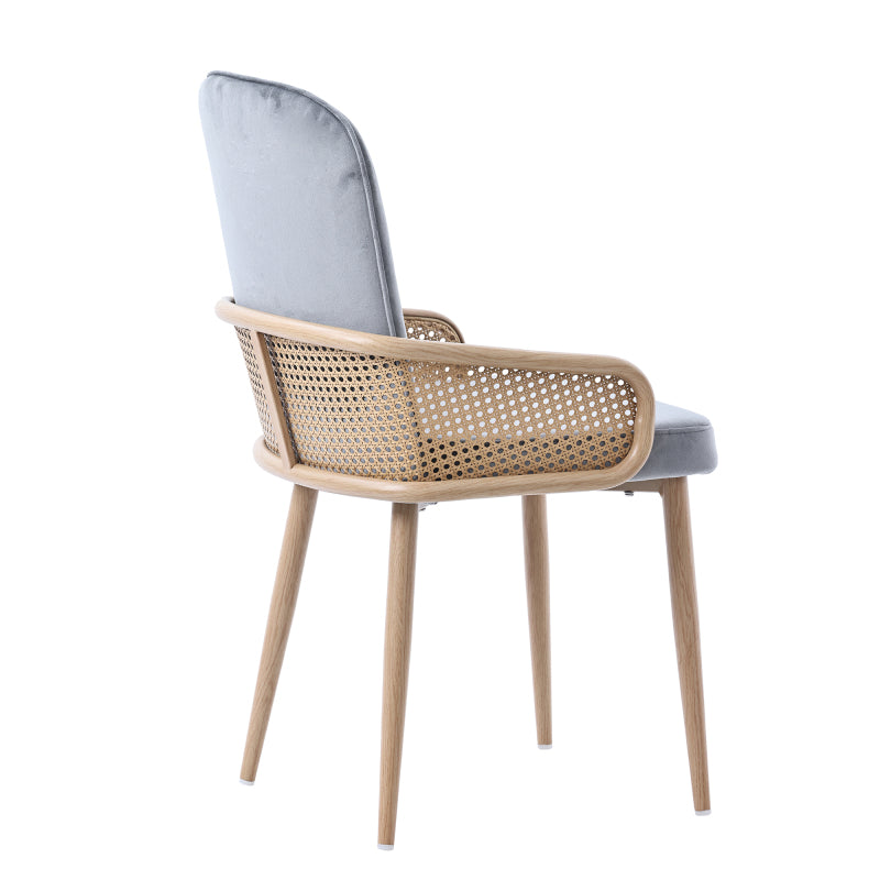 Eetkamerstoel – Stoel – Kuipstoel – Velvet Stoel – Rotan Design – Set van 2 – Velours Bekleding – Metalen Vierpoot Frame – Houtnerf Effect – Grijs