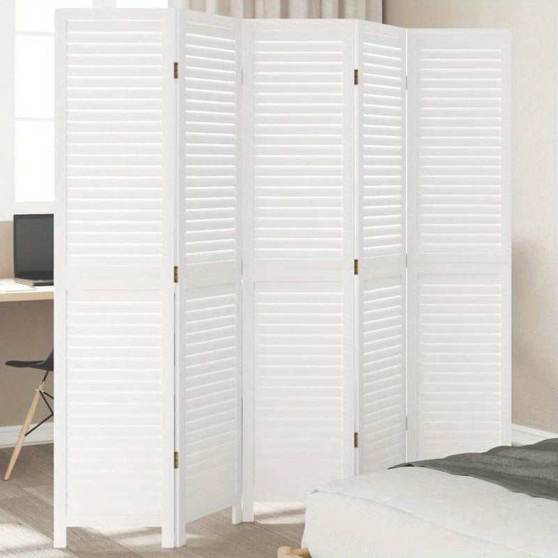 5-Panel White Paulownia Wood Room Screen - Elegant Privacy Divider for Bedrooms, Living Rooms, Offices with Vertical Striped Design and Golden Accents