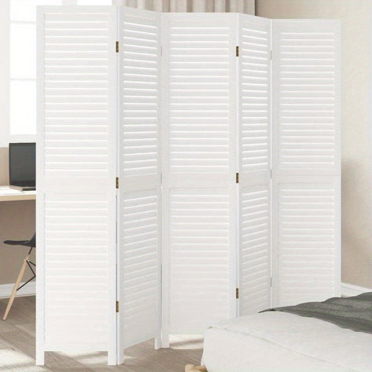 5-Panel White Paulownia Wood Room Screen - Elegant Privacy Divider for Bedrooms, Living Rooms, Offices with Vertical Striped Design and Golden Accents