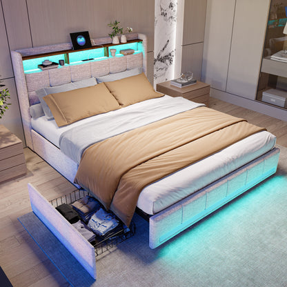 Tweepersoonsbed 140x200 cm – Opbergbed – Ladebed – Velvet Bed – Slaapbank – Grijs – 3 Ruime Lades – Stevig Frame Met Lattenbodem
