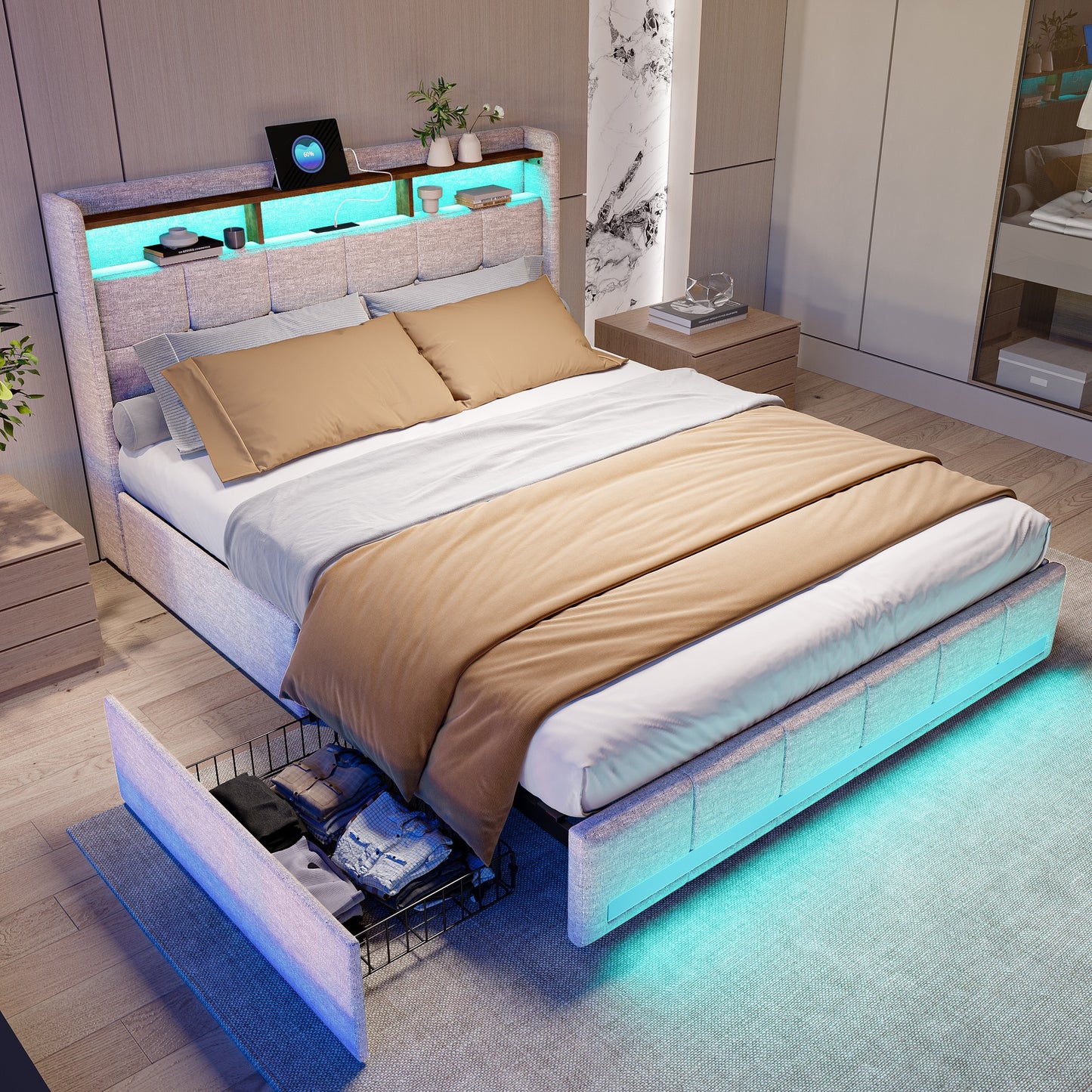 Tweepersoonsbed – Opbergbed – Bed Met Laden – Led Verlichting Bed – Bed Met Usb Poorten – 160x200 cm – Met 4 Lades – Met Linnen Hoofdbord