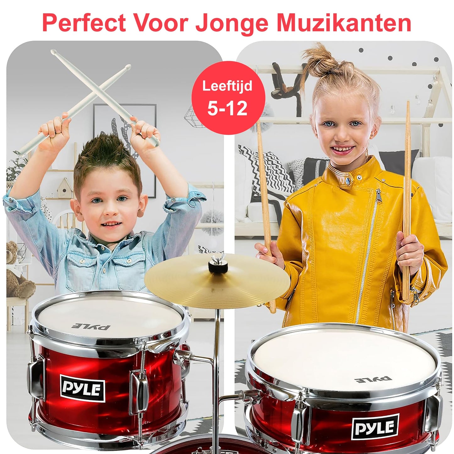 Kinder Drumstel – Kinderdrumset – Junior Drumstel – Beginners Drumkit – Kids Drums – Verstelbare Kruk – Inclusief Demppads – Rood Metallic