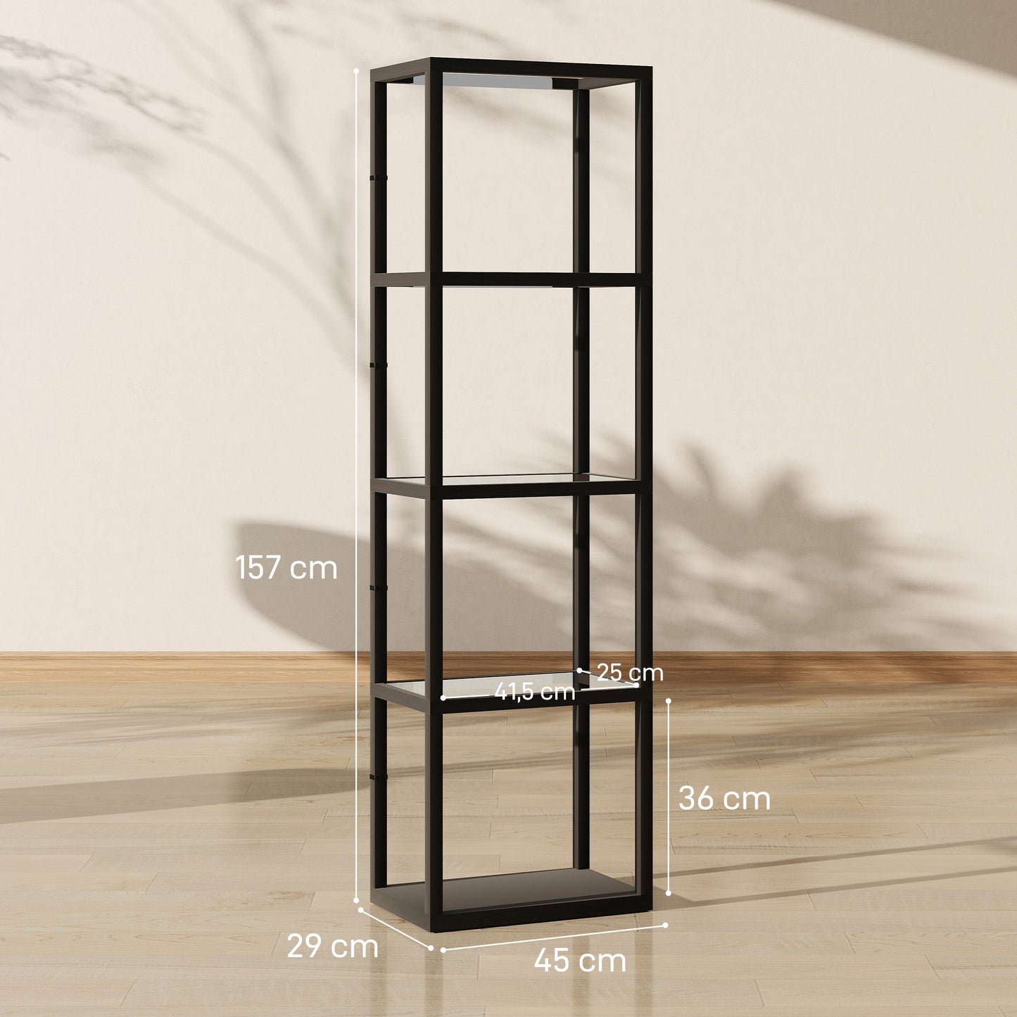 Vloerlamp – Staande Lamp – Ledlamp – Leeslamp – Sfeerlamp – 4 Glazen Planken – Warmwit Licht 3000K – Voetschakelaar Dimbaar – 157 cm Hoog – Zwart