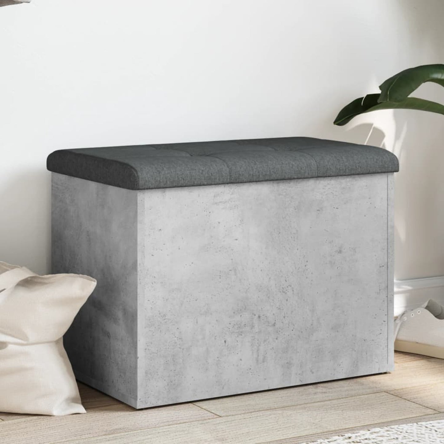 Bankje Met Opbergruimte – Zitbank – Opbergbank – Zitkist – Schoenenbank – Beton Grijs – Hout – Compact 62x42x45 cm – Multifunctioneel Voor Hal Slaapkamer Woonkamer