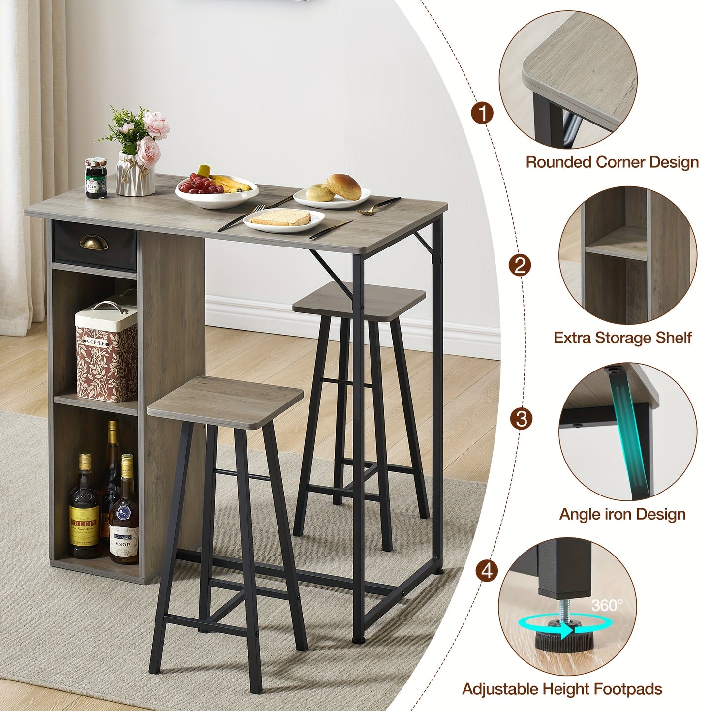 Eettafelset – Eettafel – Barkrukken – Barset – Keukentafel – Compact ontwerp – Opberglade en planken – Rustiek grijs
