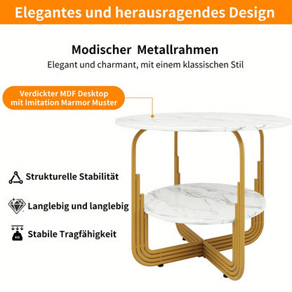 Eettafel – Ronde Tafel – Keukentafel – Woonkamertafel – Dinertafel – MDF Blad Marmerprint – Gouden Metalen Onderstel 80x80x76 cm