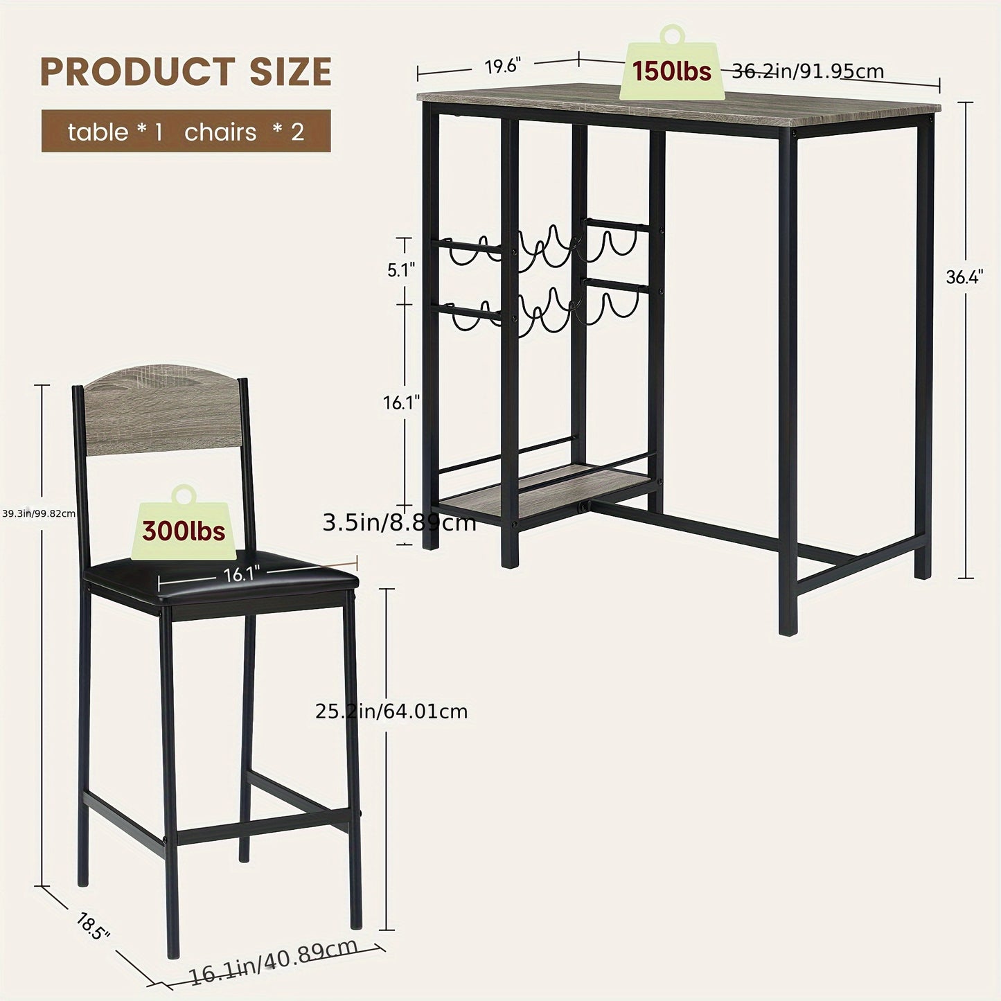 Bartafelset – Barkrukset – Barmeubel – Statafel – Bistroset – Met Opbergruimte – Ergonomische Zithoogte – Grijs