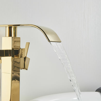 Vrijstaande Badkraan – Vrijstaand Bade-filledrukker – Vloermontage Kraan – Badmengkraan – Gouden Afwerking – Watervaleffect – Hoogwaardig Messing