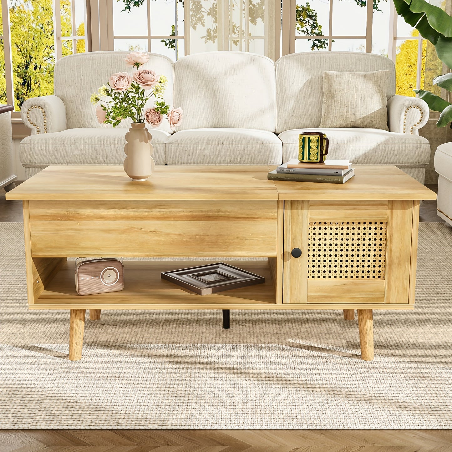 Modern Space-Saving Wooden Coffee Table with Adjustable Tabletop & Rattan Door Storage - Black Accent Legs, Engineered Wood & Hardwood Frame, Easy Assembly Living Room Furniture, Coffee Table for Living Room