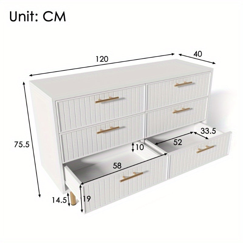 6-Laden Metaalkommode – Dressoir – Ladekast – Opbergkast – Sideboard – Wit Met Gouden Accenten – 120 cm Breedte – Zonder Montage
