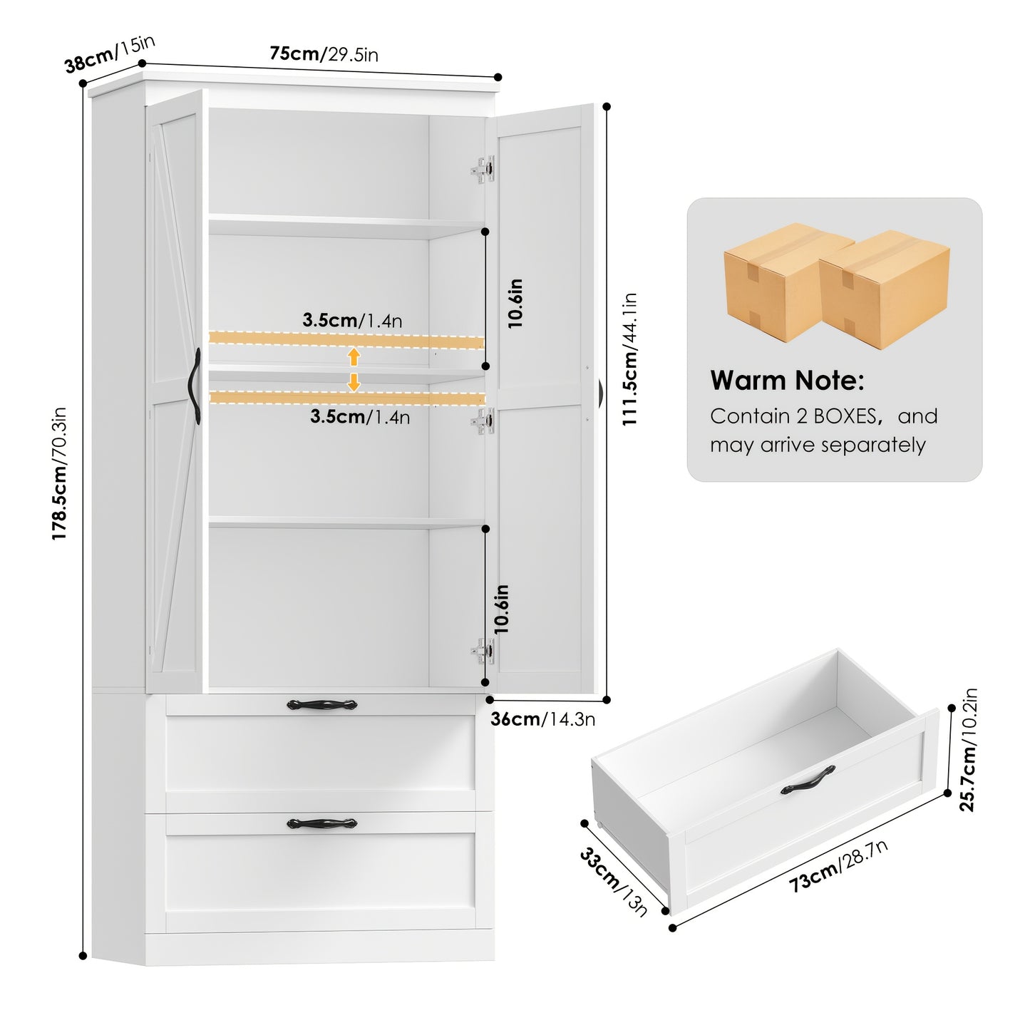Hoge Kast – Opbergkast – Keukenkast – Boekenkast – Dressoir – Wit – 178,5 cm Hoog – Verstelbare Planken – Duurzaam Hout