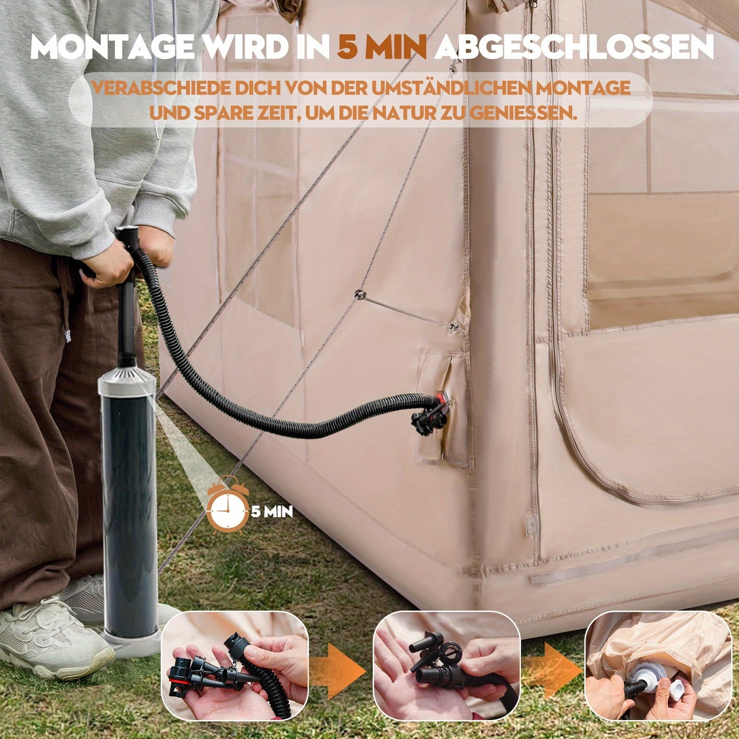 Opblaastent – Opblaasbare Tent – Familietent – Kampeertent – Tunneltent – Ruim 6-10 Persoons – Stevig Oxford Doek – Ventilatie & Muskietengaas
