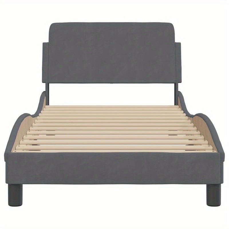 Bedframe – Houten Bed – Eenpersoonsbed – Platformbed – Gestoffeerd Bed – Donkergrijs Fluweel – Hoogwaardige Houtconstructie – Afmeting 90x200 cm