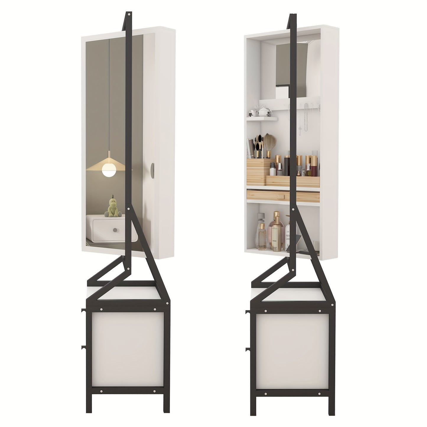 Makeupspiegelkast – Sieradenkast – Make-upkast – Kaptafel – Spiegelkast – 360° Draaibaar – Wit Hout – 2 Lade Opbergruimte