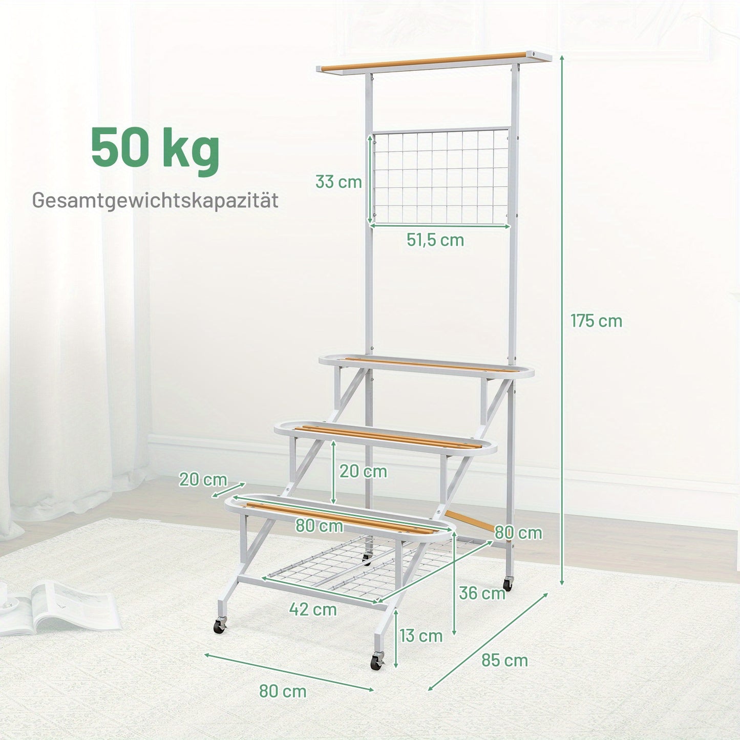 Plantenrek – Plantenstandaard – Plantentrap – Bloemenrek – Plantentafel – 3 Lagen Met Wieltjes – Metaal En Rubberhout – Voor Binnen En Buiten – Ruimtebesparend Ladderontwerp