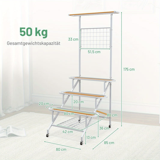 Plantenrek – Plantenstandaard – Plantentrap – Bloemenrek – Plantentafel – 3 Lagen Met Wieltjes – Metaal En Rubberhout – Voor Binnen En Buiten – Ruimtebesparend Ladderontwerp
