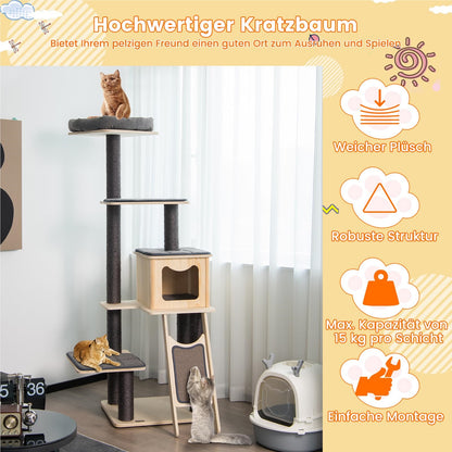 Krabpaal – Krabboom – Kattenboom – Klimpaal – Activiteitentoren – 6-laags Houten Krabpaal Met Sisal – Met Kattenhol En Zacht Kussen – Stabiele, Hoge Klimtoren 175 cm – Grijs-Beige