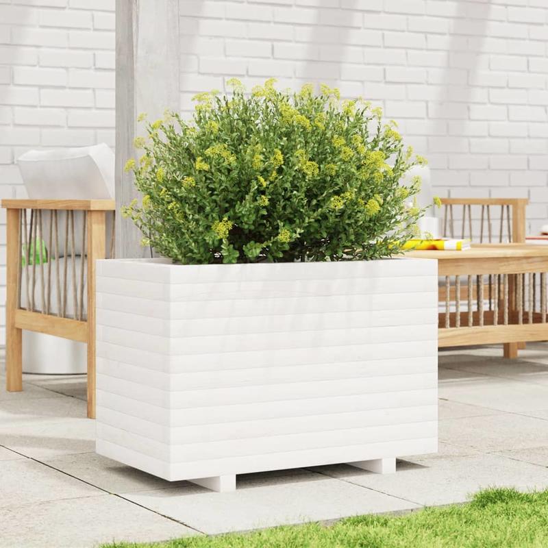 Large Modern White Solid Pine Wood Planter Box with Vertical Slat Design - Heavy-Duty Indoor/Outdoor Square Garden Bed, Sturdy Floor-Standing Construction for Patio, Balcony, or Lawn - Durable Modern Farmhouse Style Plant Pot