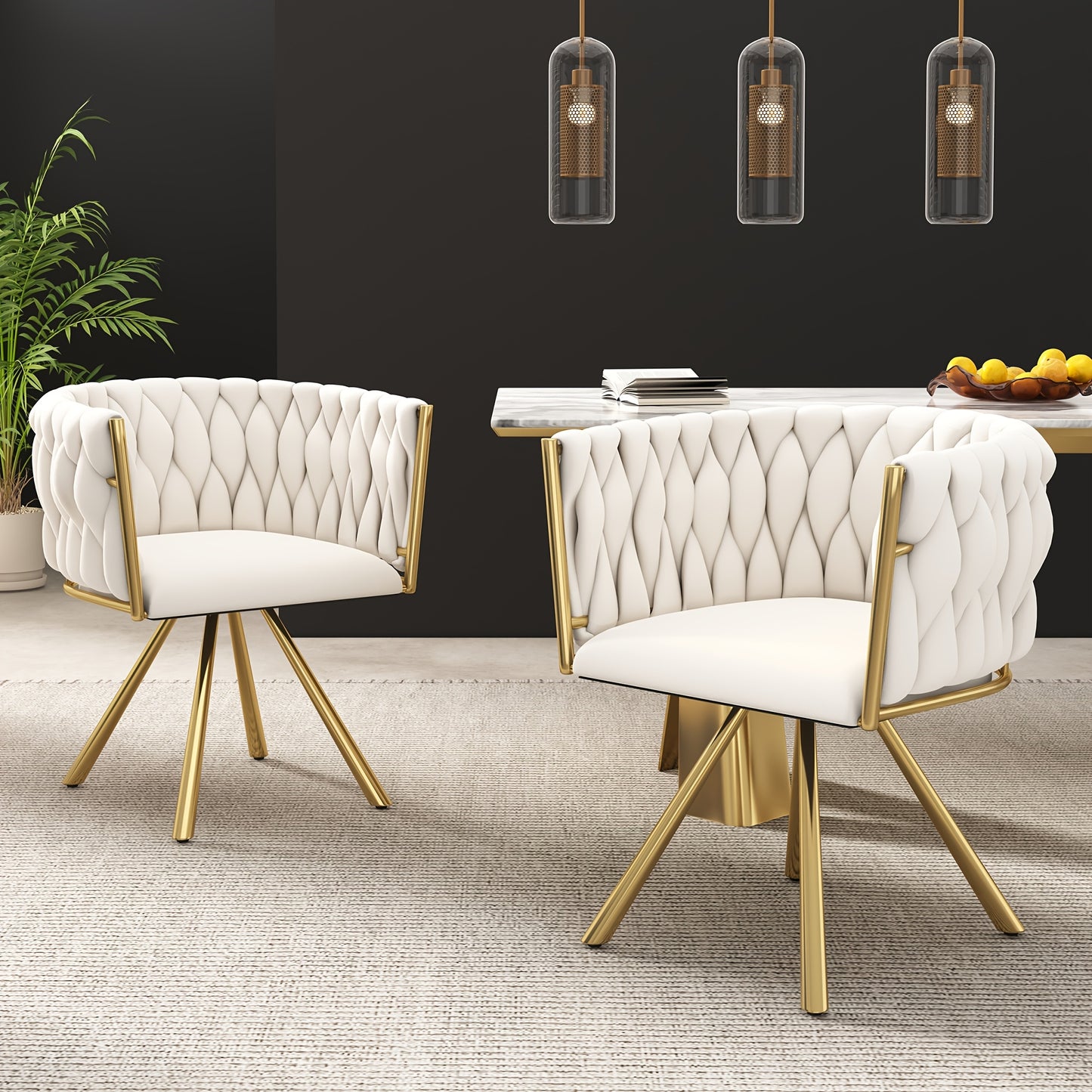 2pcs Beige & Golden Luxury Modern Swivel Dining Chair Set - White/Beige Velvet-Like Upholstery with Sturdy Metal Legs, Heavy-Duty 4-Legged Round Backrest Chairs for Living Room, Bedroom, Office (No Assembly Required)