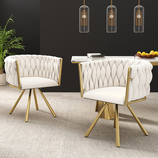 2pcs Beige & Golden Luxury Modern Swivel Dining Chair Set - White/Beige Velvet-Like Upholstery with Sturdy Metal Legs, Heavy-Duty 4-Legged Round Backrest Chairs for Living Room, Bedroom, Office (No Assembly Required)