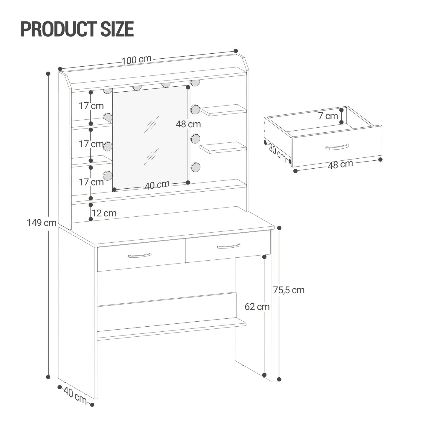 Kaptafel – Make-up Tafel – Cosmeticatafel – Sieradentafel – Opbergtafel – Verstelbare LED Spiegelverlichting – 2 Ruime Lades – Wit – Duurzaam Houtmateriaal