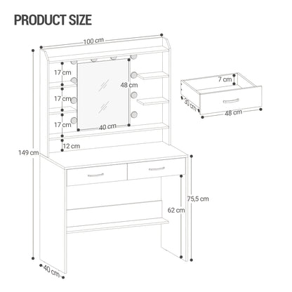 Kaptafel – Make-up Tafel – Cosmeticatafel – Sieradentafel – Opbergtafel – Verstelbare LED Spiegelverlichting – 2 Ruime Lades – Wit – Duurzaam Houtmateriaal