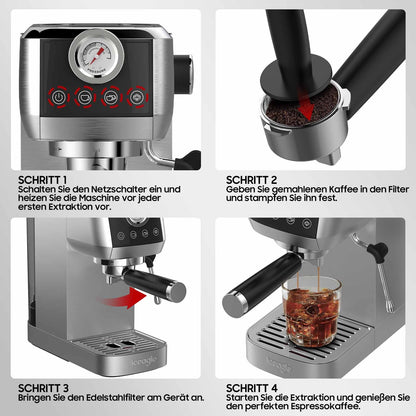 Espressomachine – Koffiezetapparaat – Koffiemachine – Siebdrager – Volautomaat – 20 Bar Italiaanse Pomp – RVS Behuizing 1,3L Watertank