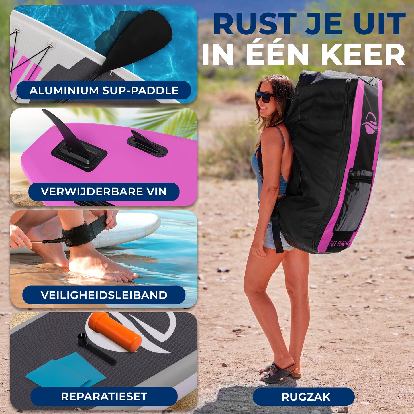 Opblaasbare Paddleboard – SUP Board – Stand Up Paddle – Zwemboard – Surfplank – Roze – Extra Breed 81 cm – Duurzaam PVC Drop Stitch