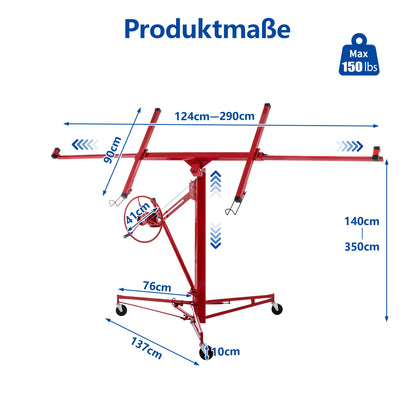 Gipsplaatheftruck – Gypsum Board Lifter – Plaat Tilwagen – Platen Klem – Gipsplaat Tilapparaat – Verstelbare Werkhoogte 140-350 cm – Kantelbaar Tot 60 Graden