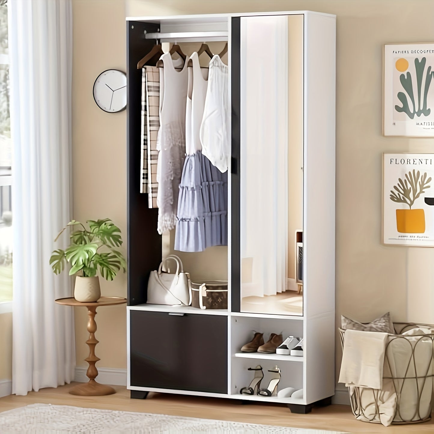 Witte Kledingkast – Garderobekast – Kapstok – Schoenenkast – Opbergkast – Inclusief Spiegel – Compact 100x33x190 cm – Met Kledingroede en Schoenlade