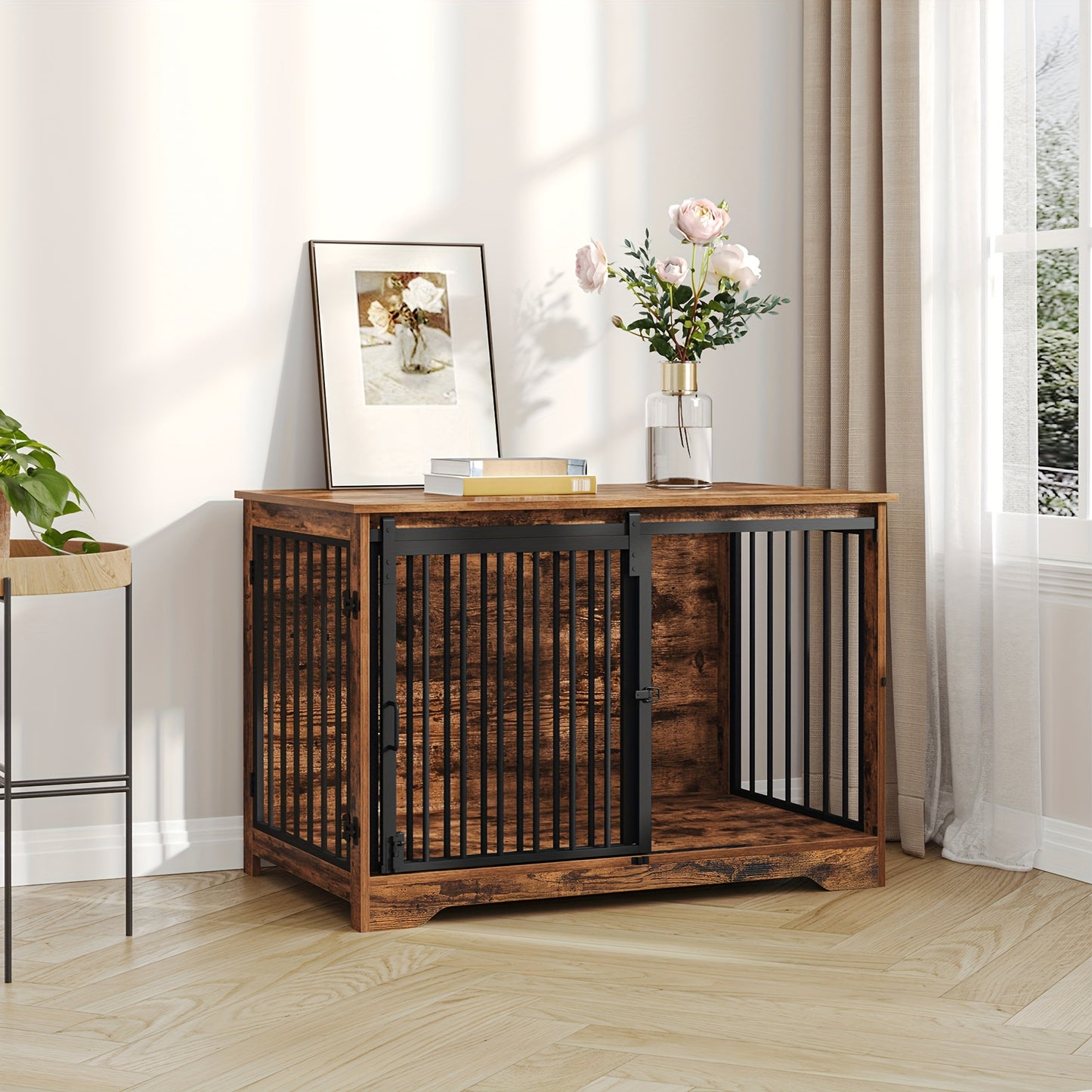 Houten Hondenbench – Hondenkooi – Hondenhok – Dierenbench – Huisdierbench – Met 2 Schuifdeuren – 4 Wieltjes – Compact 60x100x68 cm – Retro Bruin Design