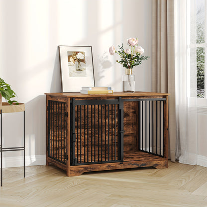 Houten Hondenbench – Hondenkooi – Hondenhok – Dierenbench – Huisdierbench – Met 2 Schuifdeuren – 4 Wieltjes – Compact 60x100x68 cm – Retro Bruin Design