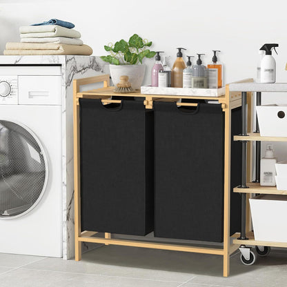 Wasmand – Wasbak – Wasopbergbak – Wasbox – Wascontainer – 2 x 36L Oxford Stof – Stevig Bamboe Frame Met Plank