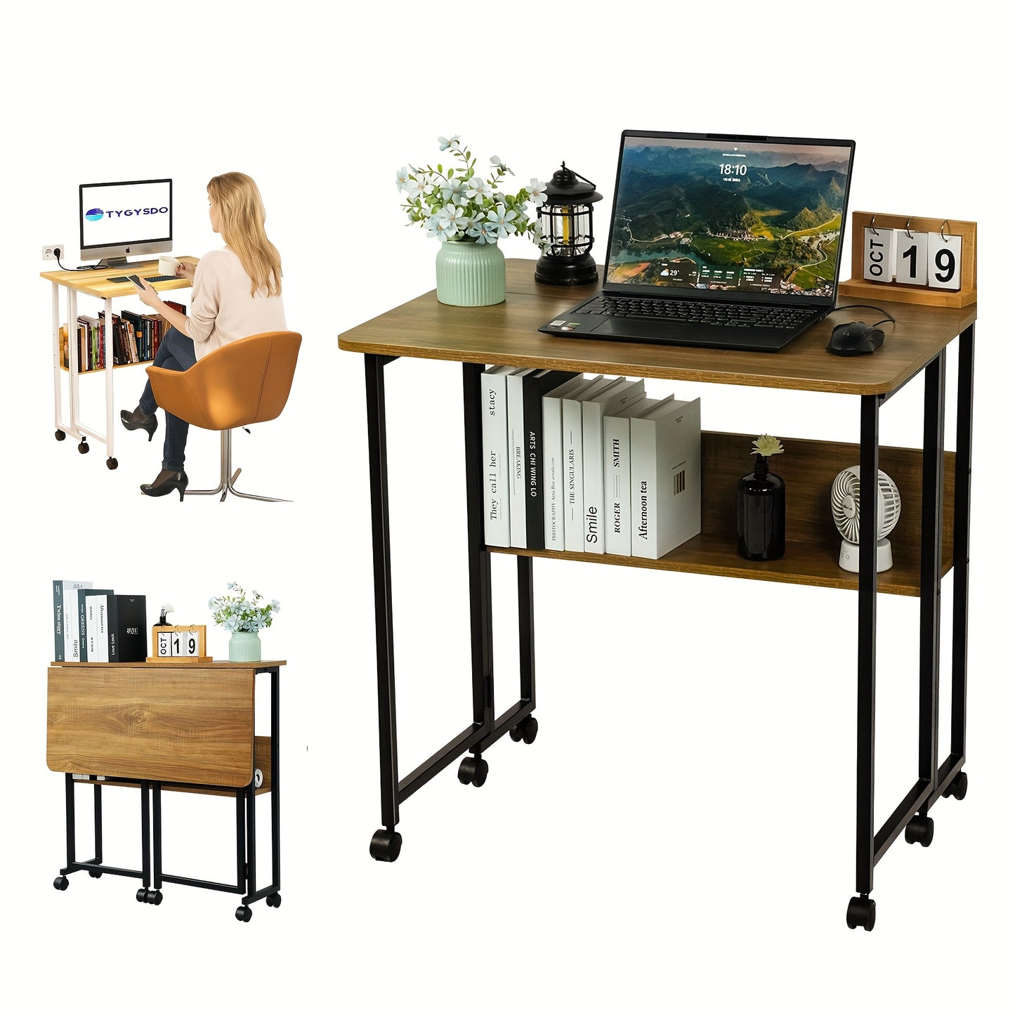 Opvouwbare Tafel – Klaptafel – Bureau – Vouwtafel – Bijzettafel – Compact Inklapbaar – Stevig Stalen Frame – Wieltjes – 80x58x75 cm – Eikenhout Look