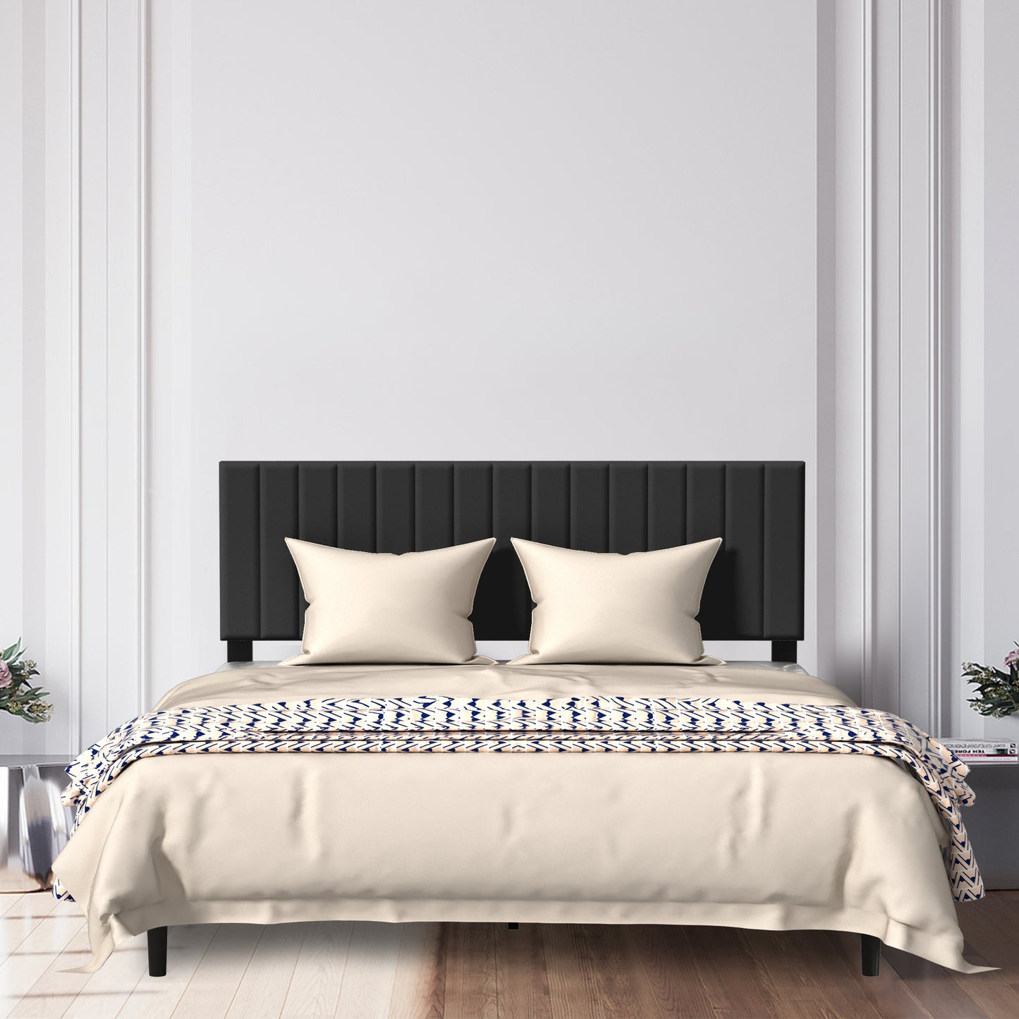Upholstered Bed Frame with Headboard and Slatted Base, Sturdy Metal Platform, Mattress Foundation, Black/Beige