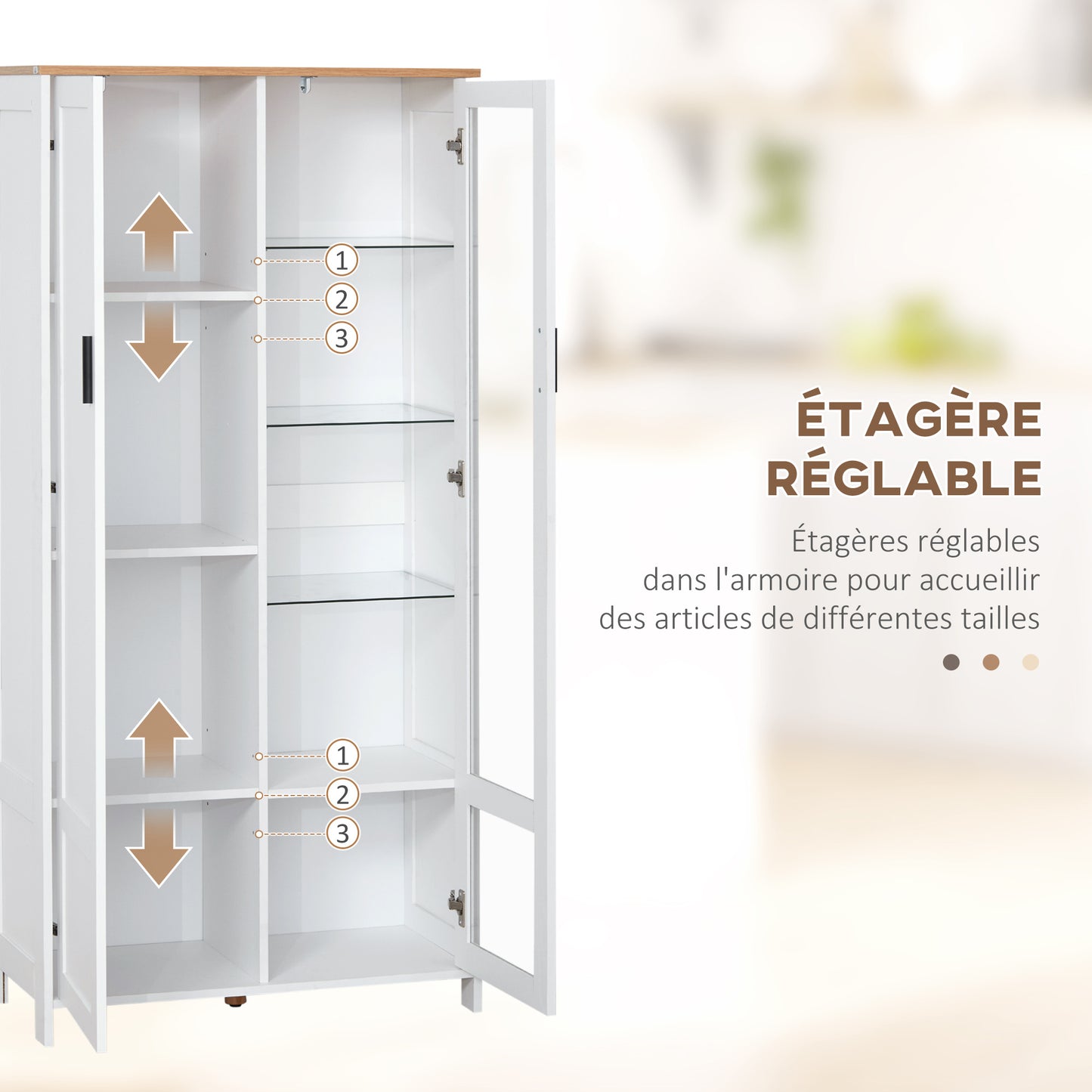 Buffetkast – Keukenkast – Dressoir – Opbergkast – Vitrinekast – 7 Planken Inclusief 3 Glazen Planken – Wit Met Houten Blad – 76x36x160 cm