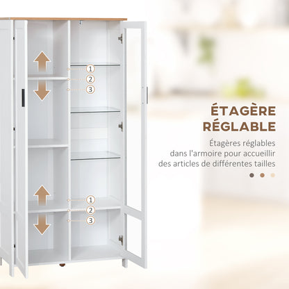 Buffetkast – Keukenkast – Dressoir – Opbergkast – Vitrinekast – 7 Planken Inclusief 3 Glazen Planken – Wit Met Houten Blad – 76x36x160 cm
