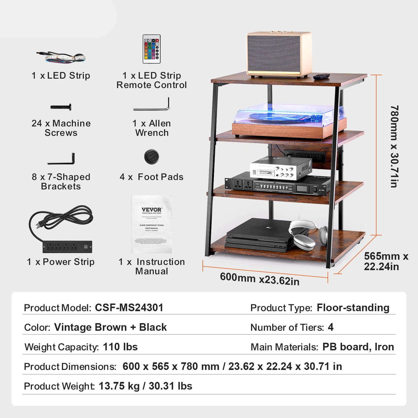 AV Media Stand – Audio Video Meubel – Tv Kast – Entertainment Rack – Multimedia Meubel – 4-Lagen Design – LED Verlichting & Ingebouwde Stopcontacten