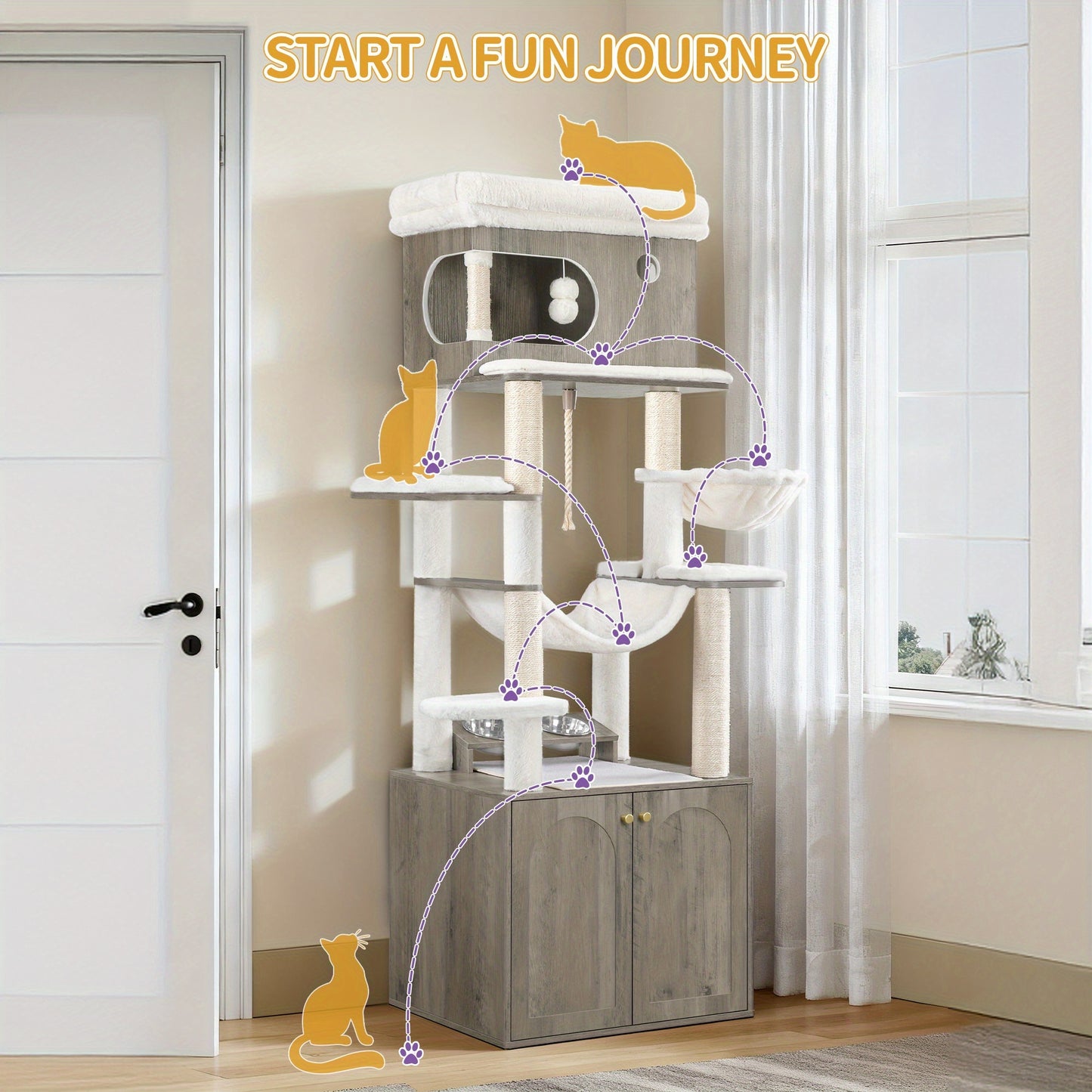 Multi-Level Modern Cat Tree Tower with Litter Box & Feeding Table - 70" Tall (176cm) Cat Tree with Large Platform, Sisal Scratching Posts, Hammock & Removable Washable Mat - Sturdy Construction, Space-Saving Design for Indoor - QUORE