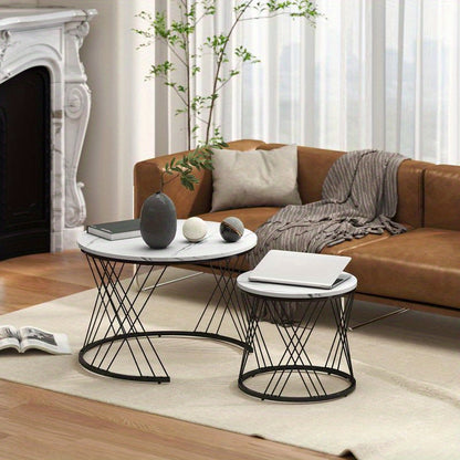 Set van 2 Ronde Salontafels – Bijzettafels – Tafeltjes – Nestbare Tafels – Witte Marmerlook Tafels – Nestbaar Ontwerp – Stevig Metalen Onderstel
