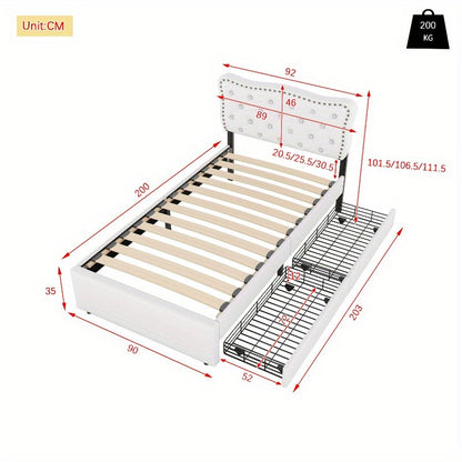 Gepolsterd Bed – Eénpersoonsbed – Slaapbed – Bedframe – Boxspring – Lichtbeige – 90x200 cm – Decoratieve Nagels – Dubbele Lade-opslag