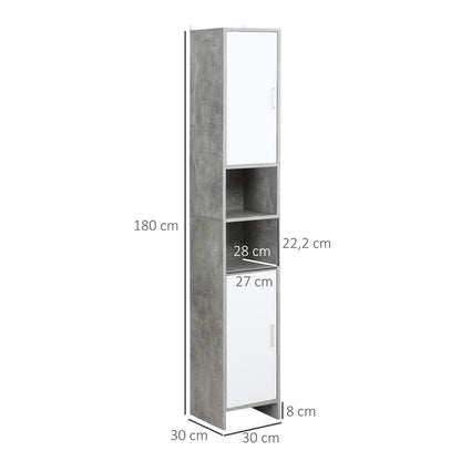 Kolomkast Badkamer – Badkamerkast – Opbergkast – Kolomopberger – Vloerkast – Cementlook Wit – Ruimtebesparend Compact – 2 Deuren Met Verstelbare Planken