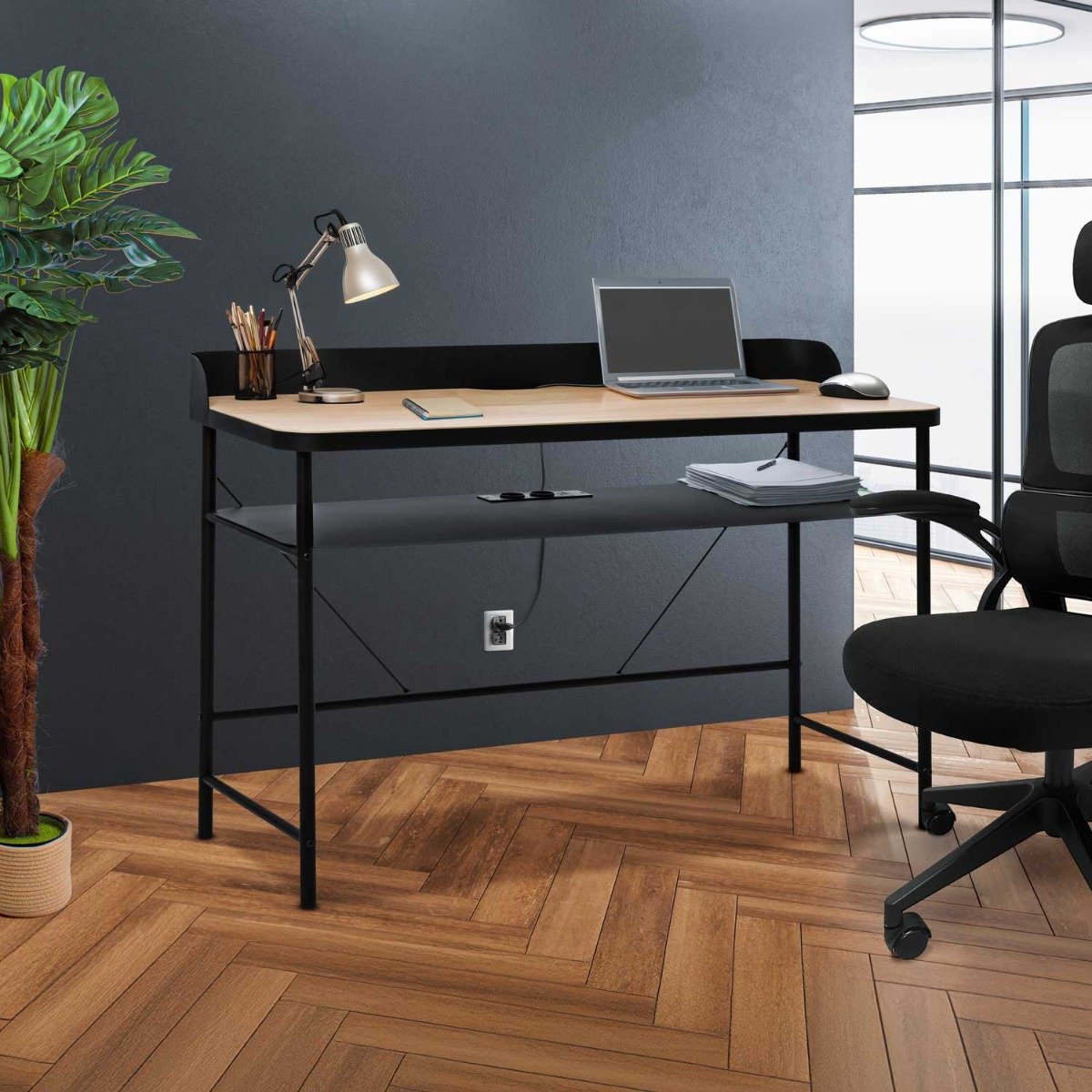 Bureau – Werktafel – Schrijftafel – Computertafel – Laptoptafel – 120x50 cm – Metaal Met Houten Blad – 2 Schuko Stopcontacten + 2 USB Poorten