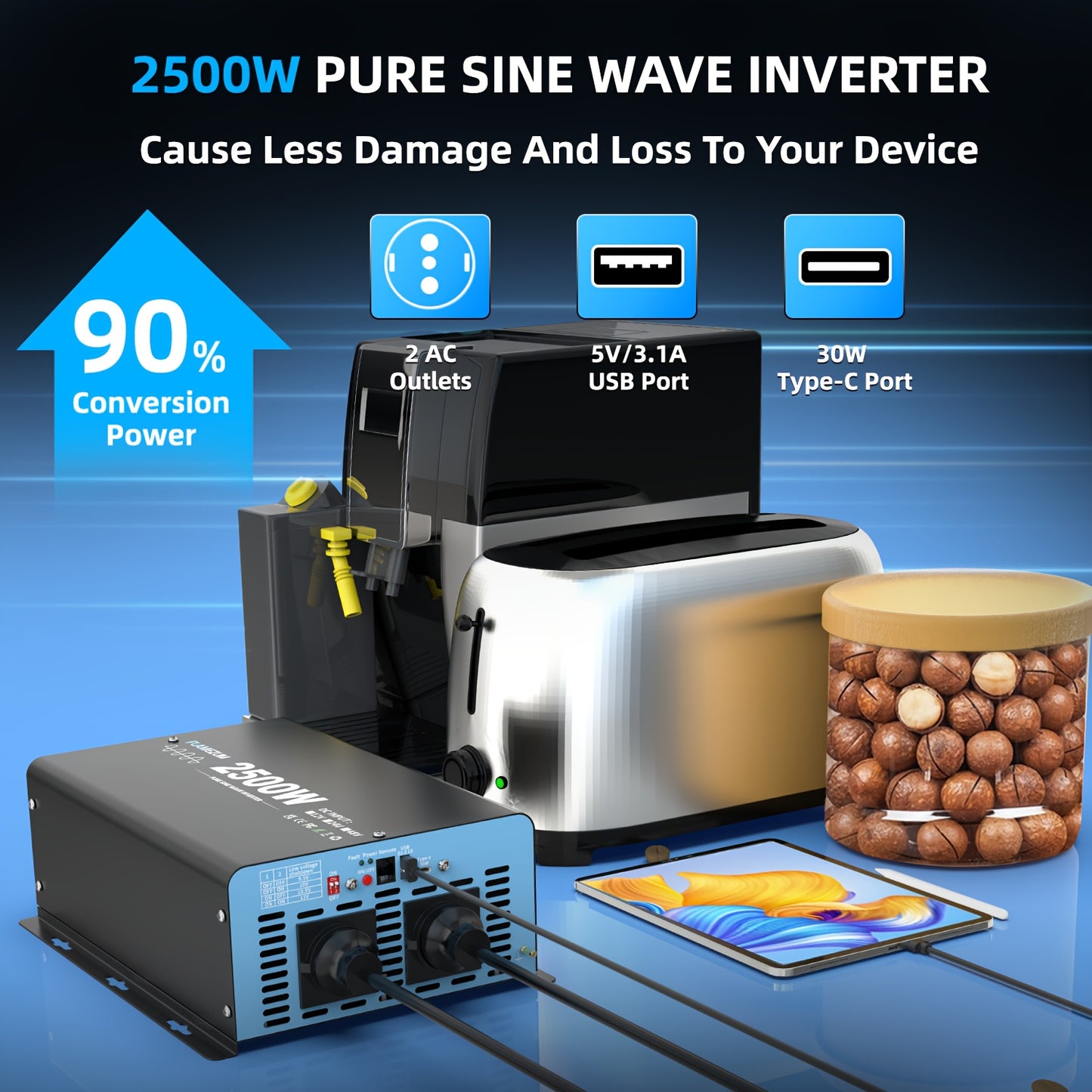 Zuivere Sinus Omvormer – Stroomomzetter – Inverter – Spanningsomzetter – DC naar AC Omvormer – 2500W Continu Vermogen – LCD Display en Afstandsbediening