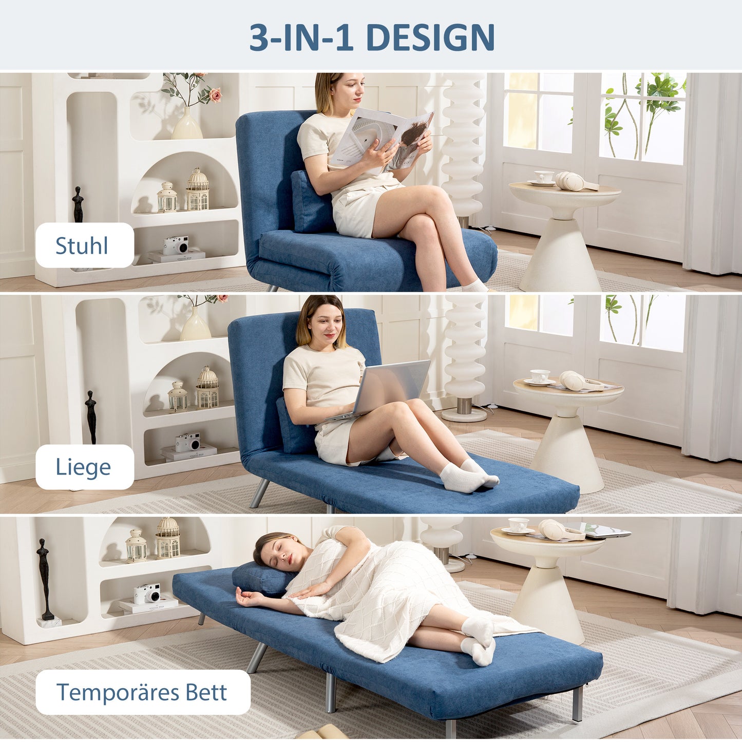 Relaxfauteuil – Slaapfauteuil – Slaapstoel – Loungestoel – Fauteuil Met Bedfunctie – 3-in-1 Design – Inclusief Kussen – Comfortabele Stoffering Blauw