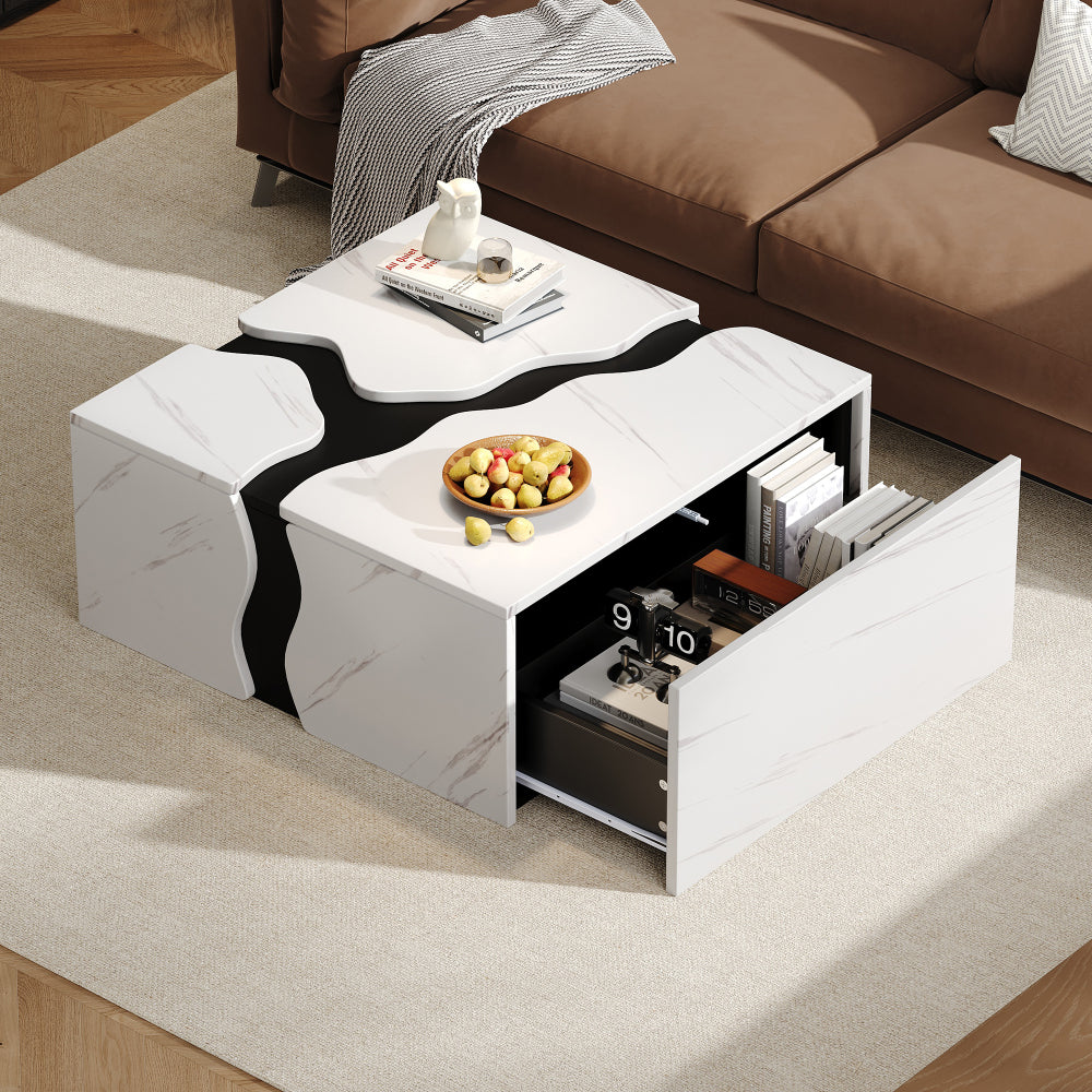 Living Room Coffee Table | 70 x 70 x 31 cm, Cubic Geometric Design, Side Table with Drawer, Uniquely Shaped Marble-Topped Table, Multifunctional Storage and Games Table, Modern Style, Metal Material